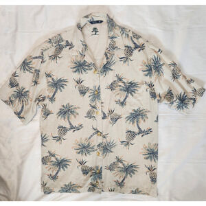 Bugle Boy Men Button Up Shirt M 100% Silk Textured Palm Pineapples Pocket Collar